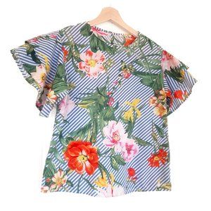 Tropical Print Striped Ruffle Sleeve Shirt - Size S - Breezy Cotton Blend